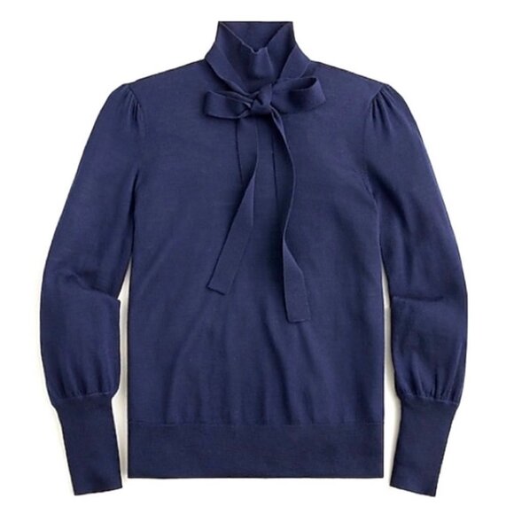 J. Crew Merino Wool Tie-neck Turtleneck Sweater Navy Blue Size Large (Flawed) - Picture 1 of 6
